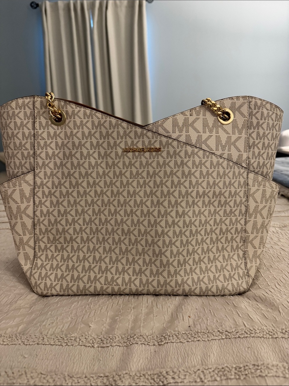 Michael Kors Beige Signature MK Chain-Handle Tote